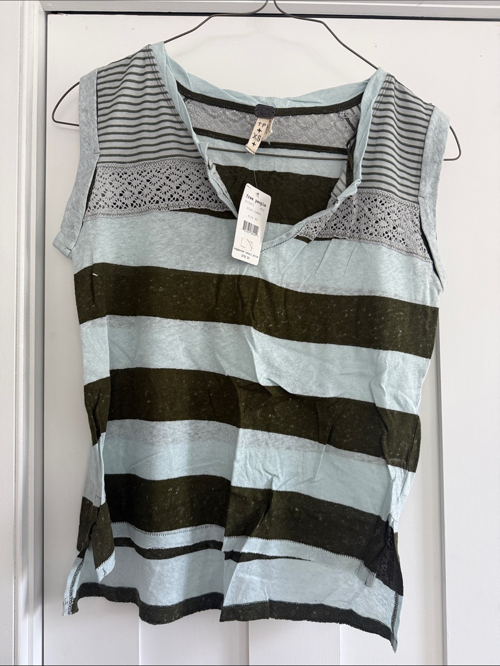 Free People Light Blue & Olive Striped Lace Yoke Tank Top